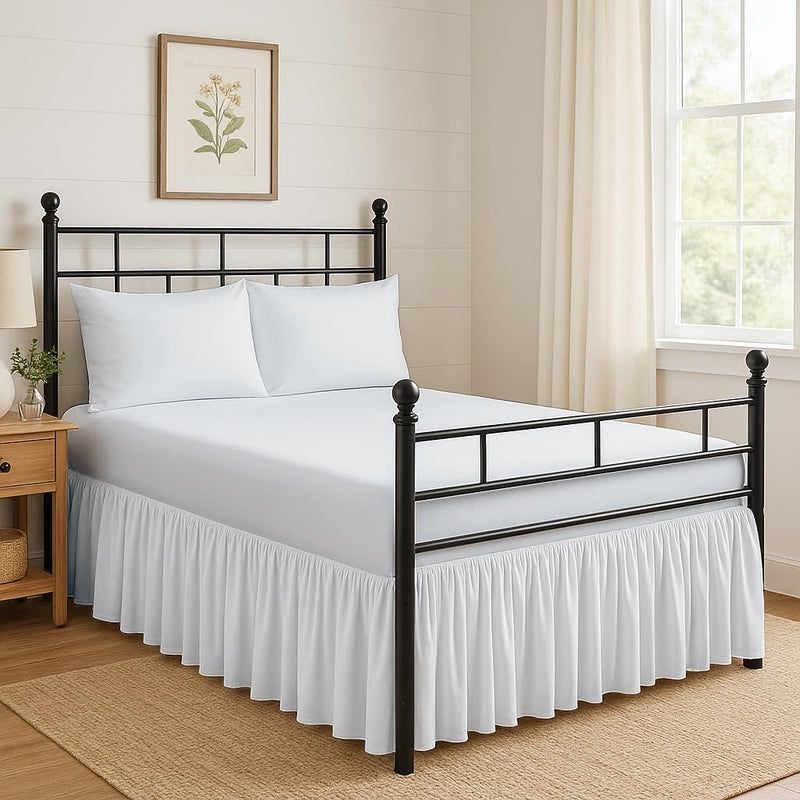 Exotic Linen تنورة سرير مجعدة بزوايا مقسومة مع منصة، تناسب مصممة بجودة فندقية خالية من التجاعيد، فائقة النعومة من الألياف الدقيقة، حتى 16 بوصة انخفاض، كينغ، أبيض - Image 1